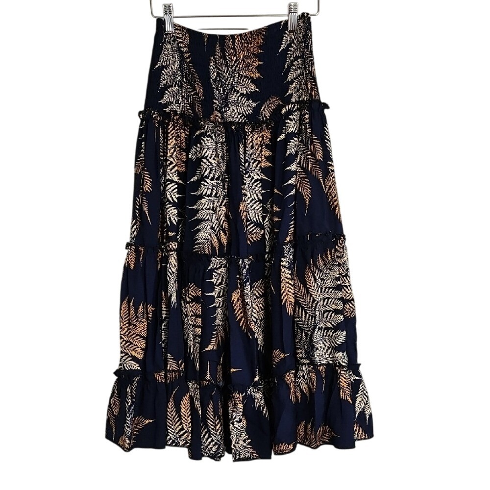 Skirt‎ Or Dress Navy Blue Gold Tan Leaf Print Size S EUC